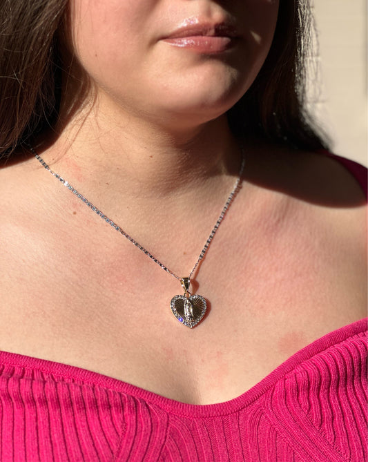 Virgen Mary heart diamond necklace silver chain