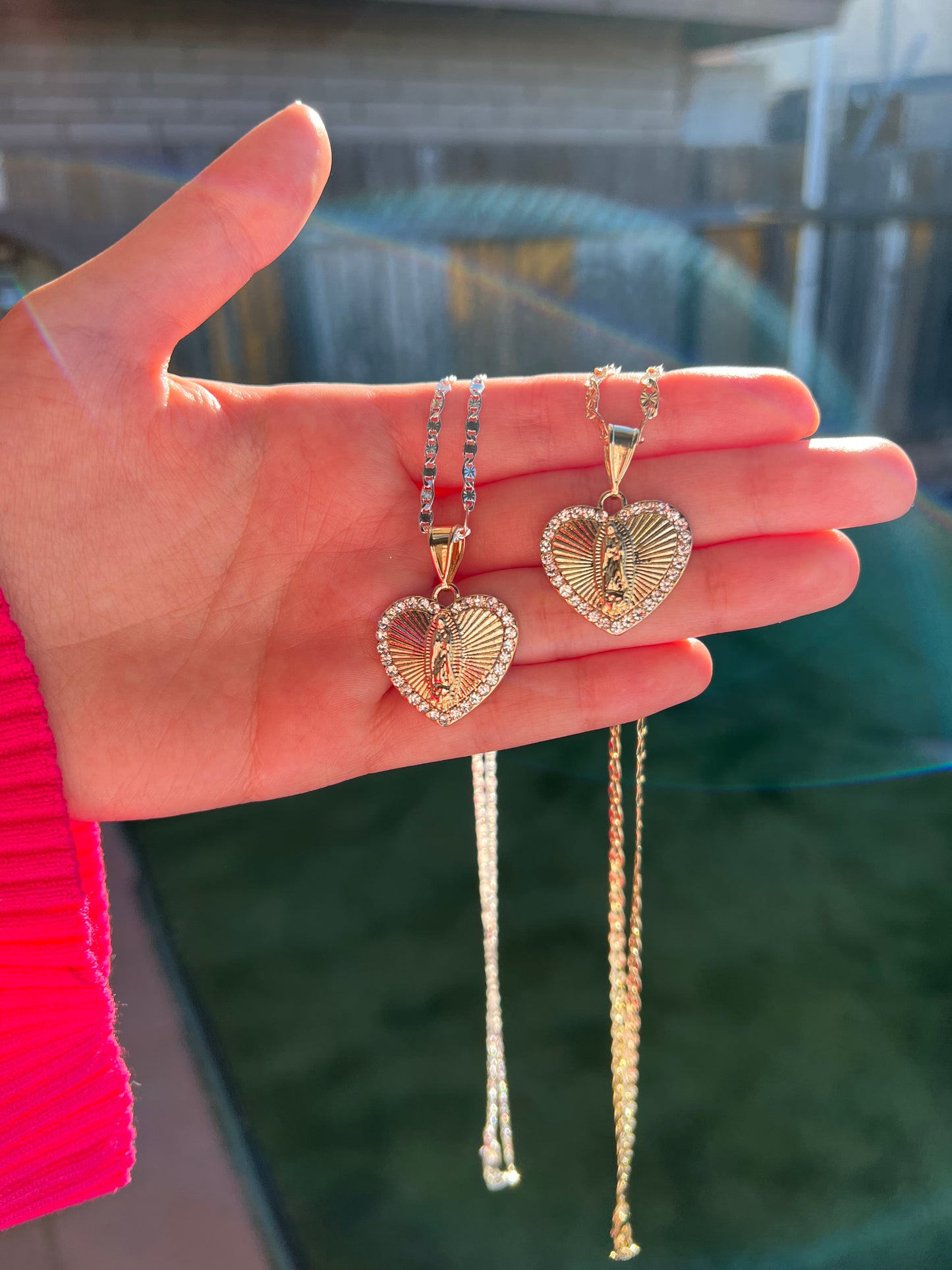 Virgen Mary heart diamond necklace silver chain