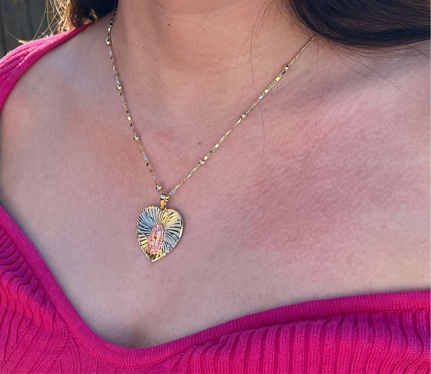 Rose gold Virgen Mary heart necklace